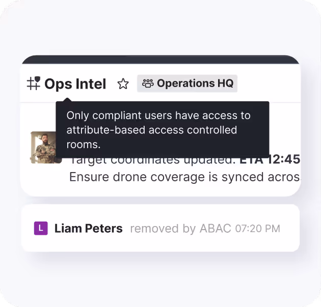 Screenshot of a chat interface in the Ops Intel channel labeled Operations HQ, showing a message tooltip stating only compliant users have access to attribute-based access controlled rooms, and a notification that Liam Peters was removed by ABAC at 7:20 PM.