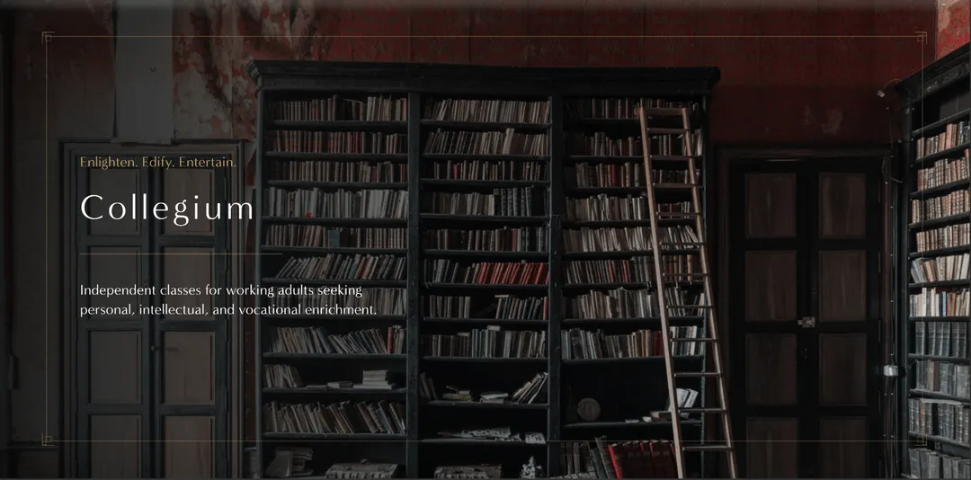 Collegium page hero with a historic library and an introduction to independent classes.