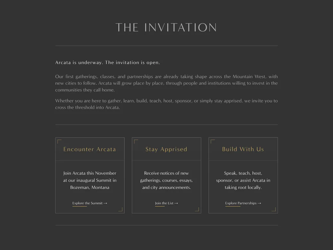 Arcata invitation section and three participation cards: Encounter Arcata, Stay Apprised, and Build With Us.