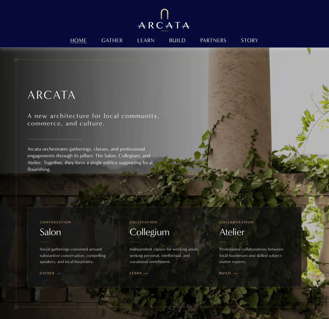 Arcata homepage with its introduction and three pillar cards over an ivy-covered stone balustrade.