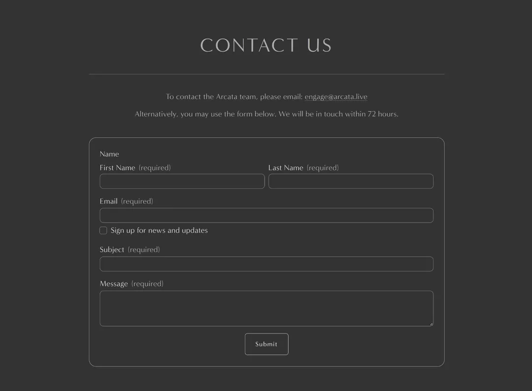 Arcata Contact Us page with contact information and a complete inquiry form.