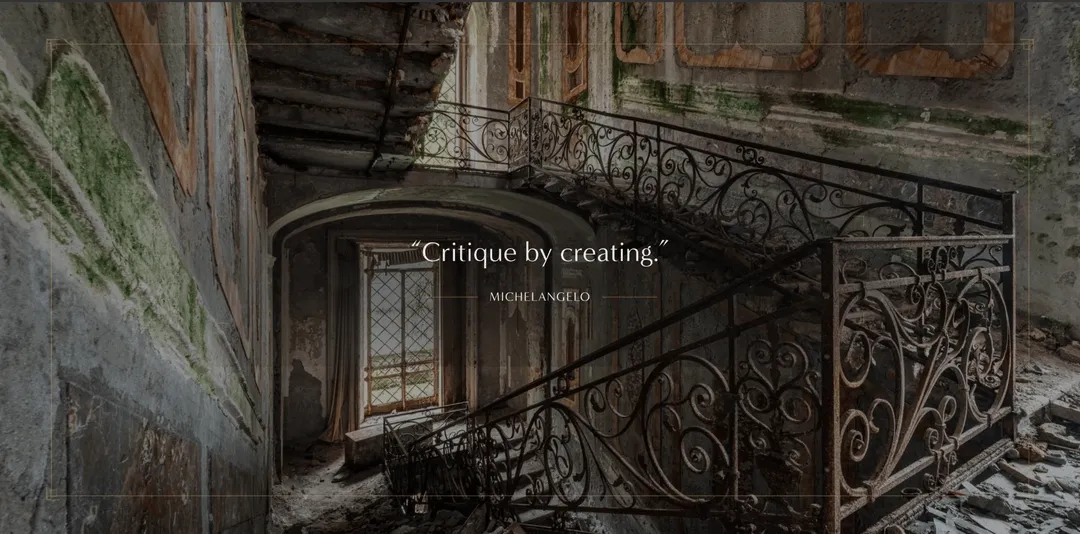 Arcata story page with an architectural staircase and the quotation Critique by creating.