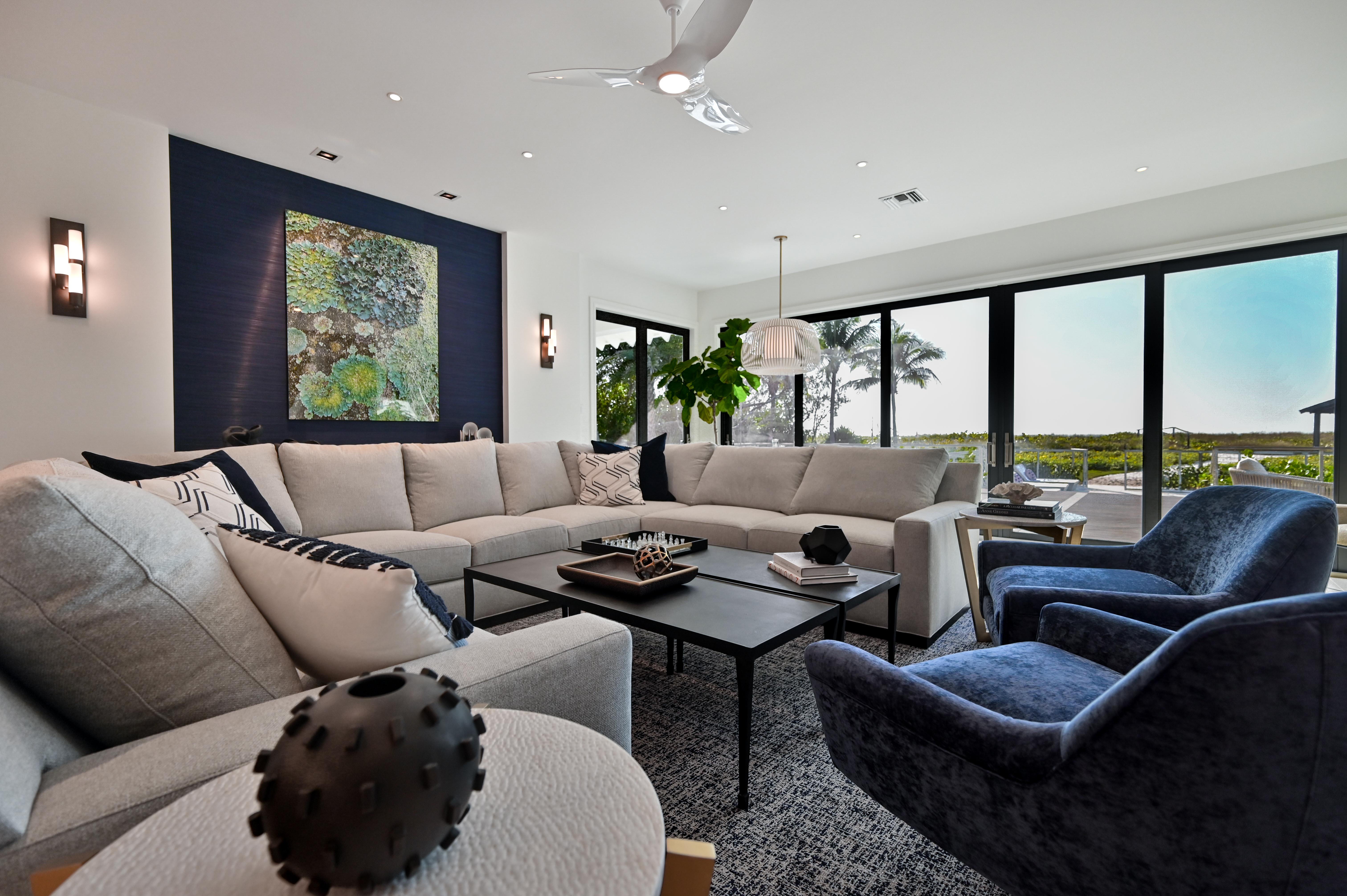 Great room with sectional and Gulf views