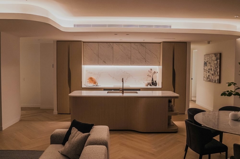 Renovated kitchen with a stone island