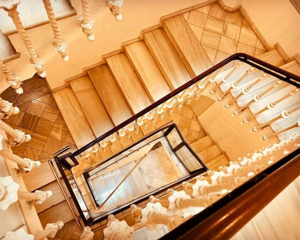 Wooden heritage staircase seen from above