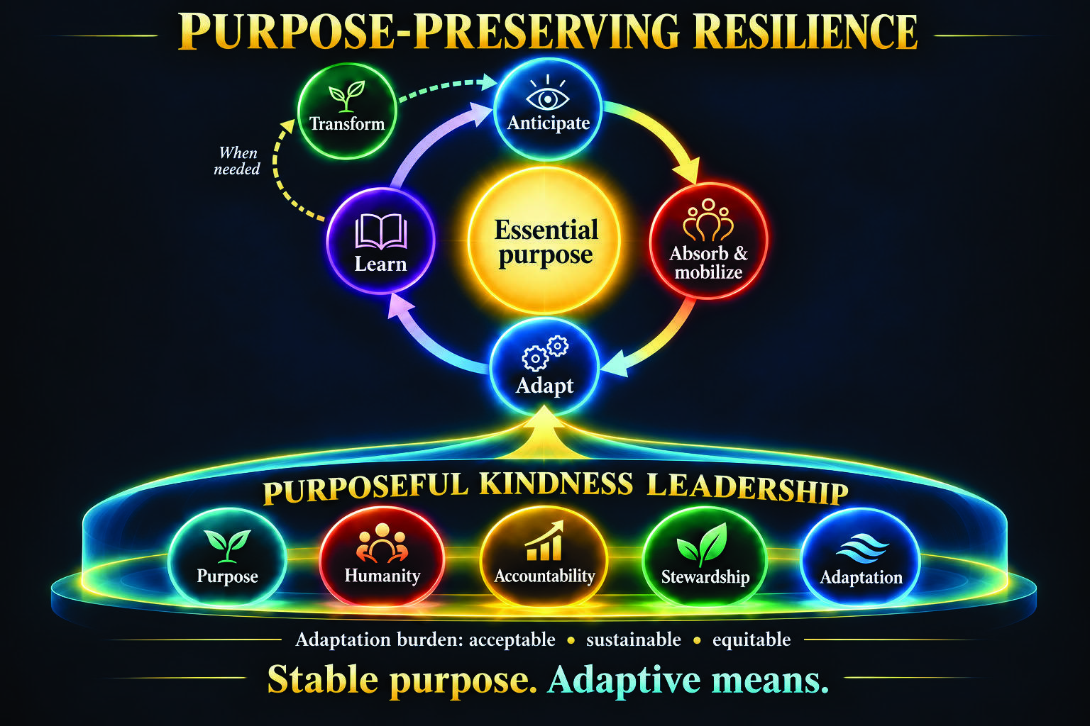 Essential purpose at the centre of the PPR cycle, supported by Purposeful Kindness Leadership: purpose, humanity, accountability, stewardship and adaptation.