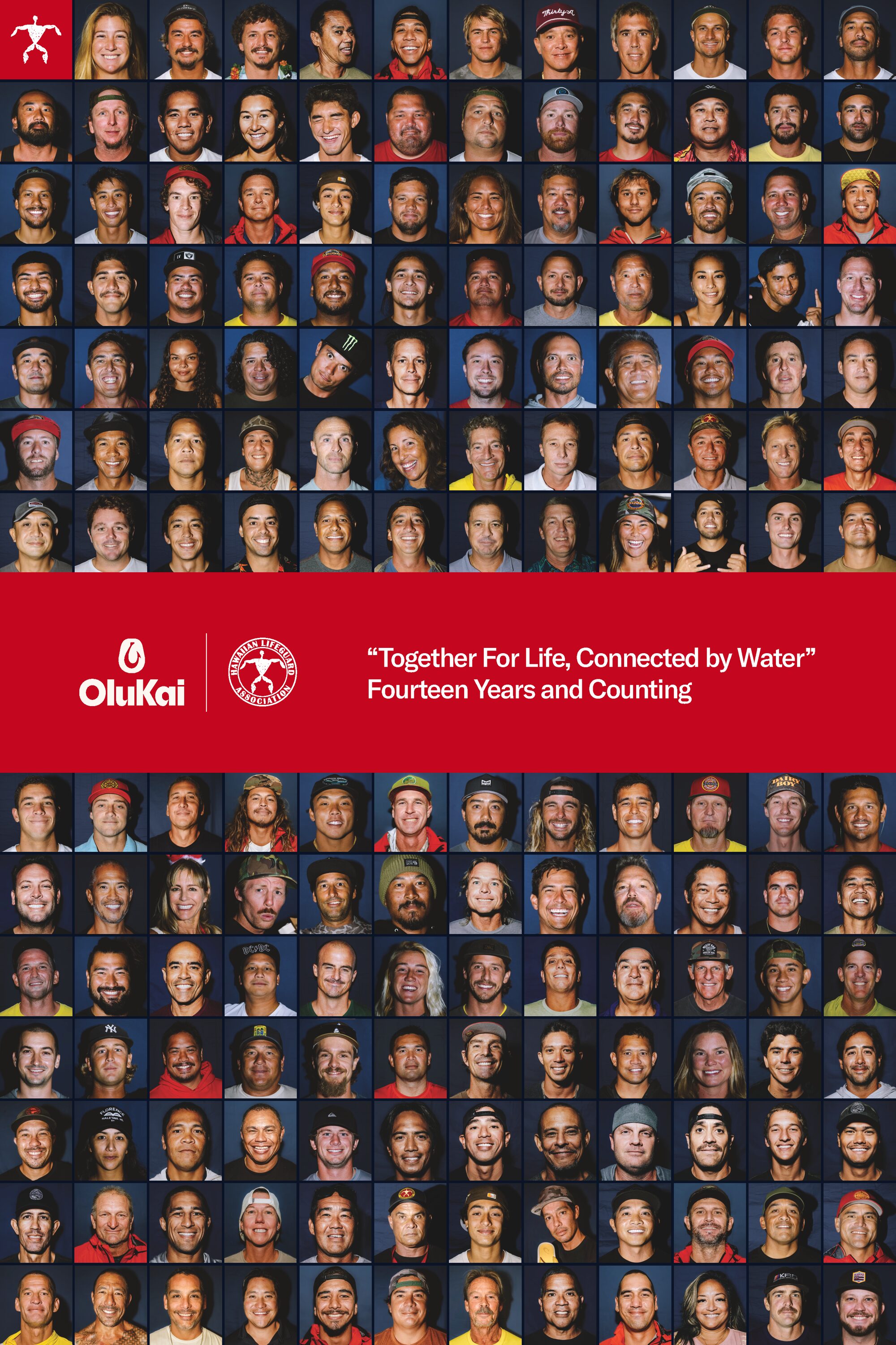 OluKai and Hawaiian Lifeguard Association poster featuring portraits of Hawaii lifeguards