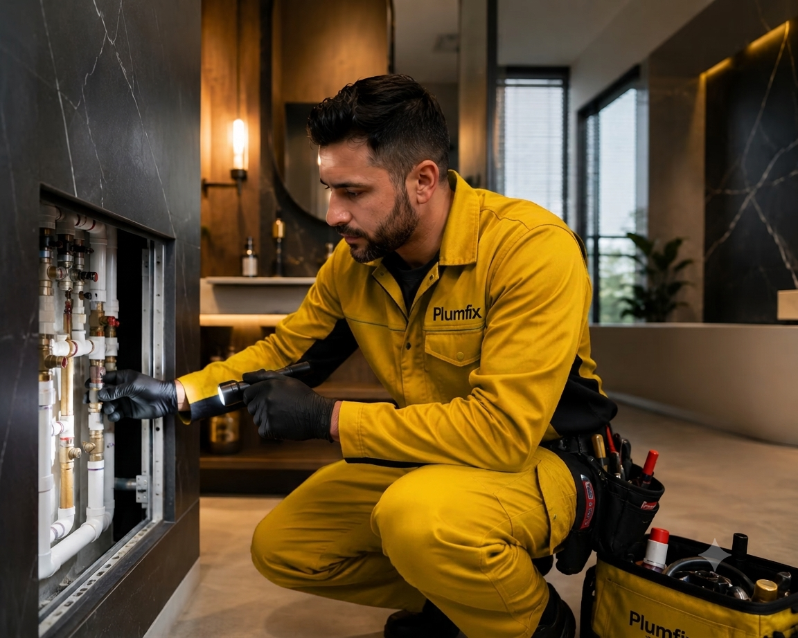 Plumber repairing pipes under a sink