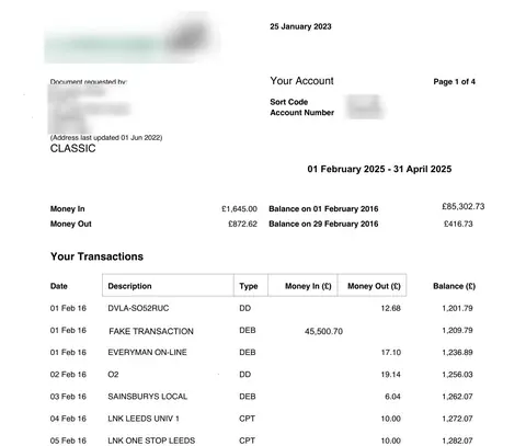 Edited bank statement, page 1