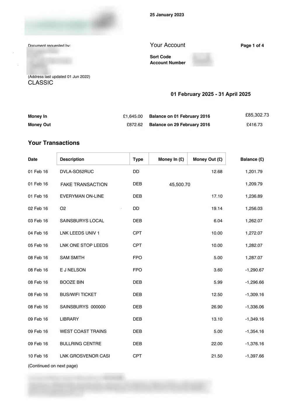 Bank statement page 1