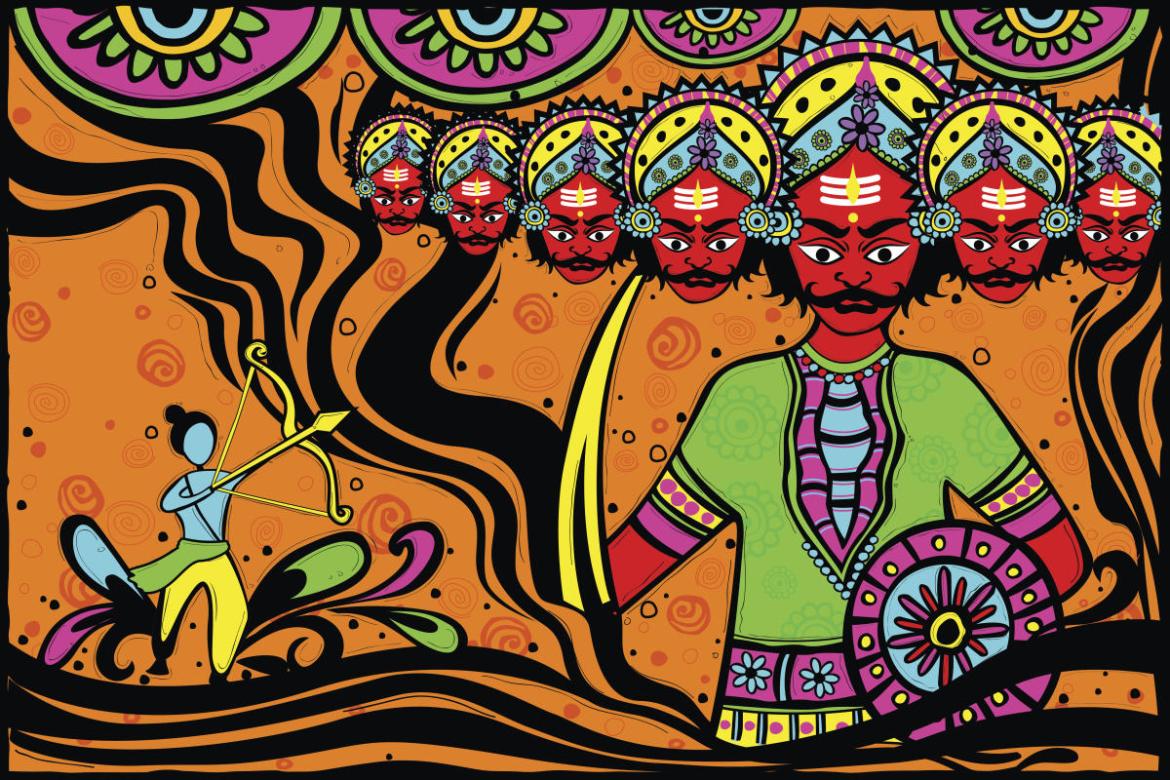 Artwork depicting Lord Ram fighting Raavan
