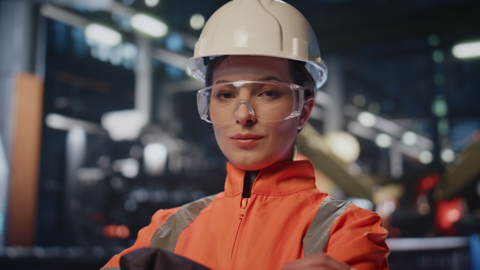 Vrouw met witte helm en veiligheidsbril in oranje overall, close-up