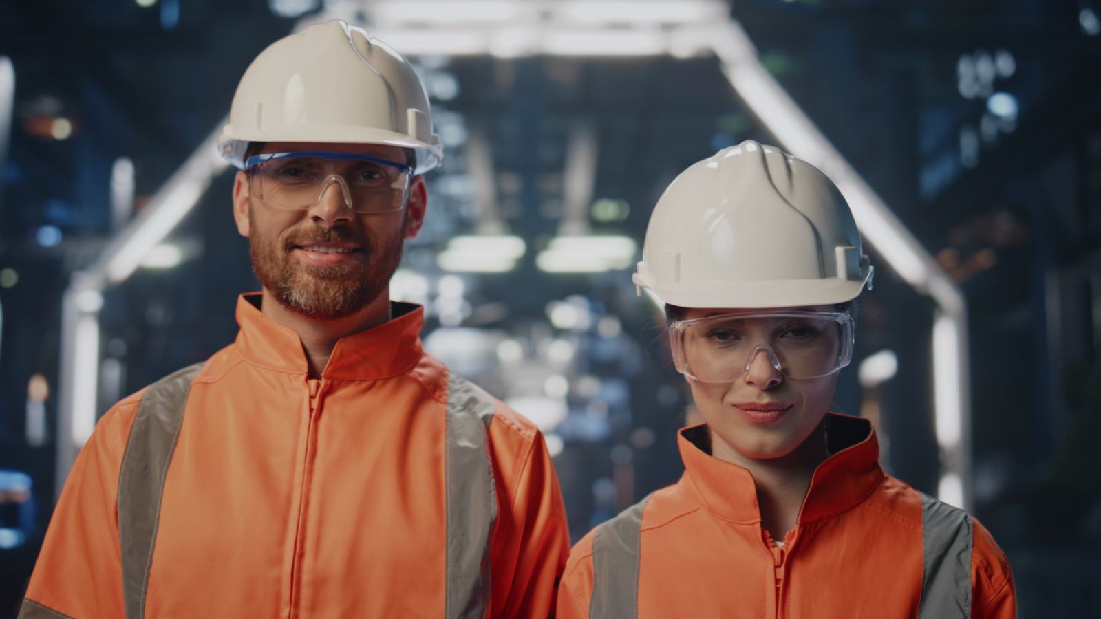 Man en vrouw met witte helmen en oranje werkkleding poseren samen