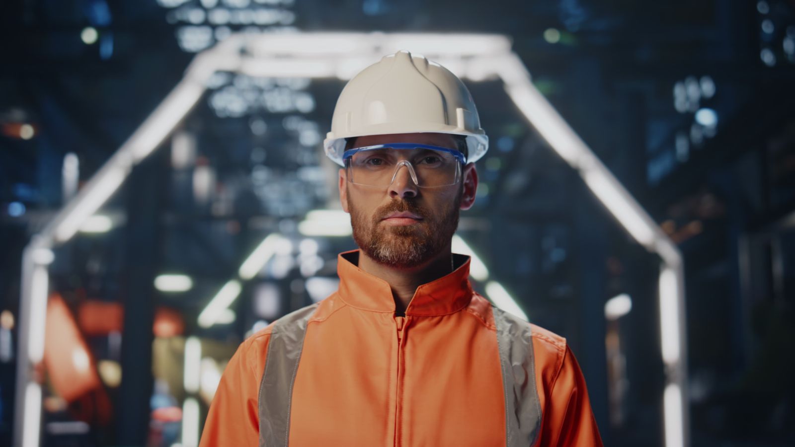 Mann mit Bart, weißem Helm und Schutzbrille in oranger Arbeitskleidung