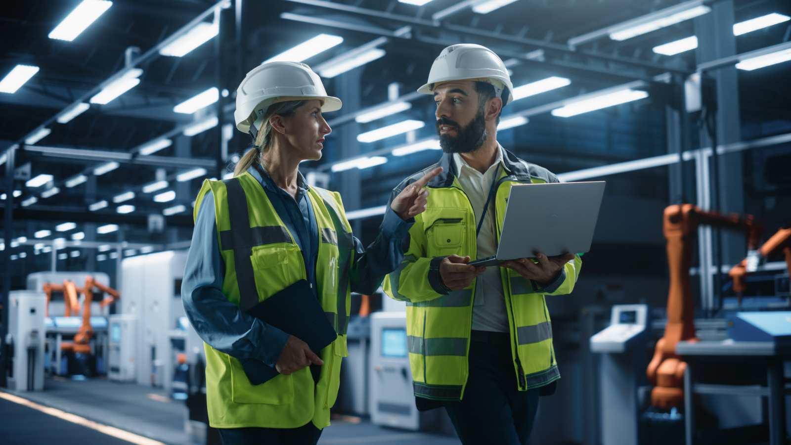 Man en vrouw met helmen overleggen met laptop in fabriekshal