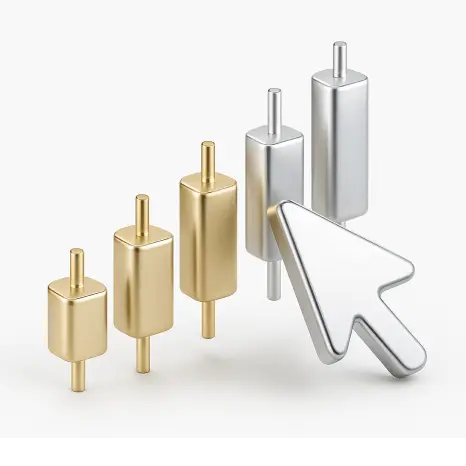 Three gold and three silver vertical bars arranged by increasing height with a large white arrow cursor pointing towards the silver bars.