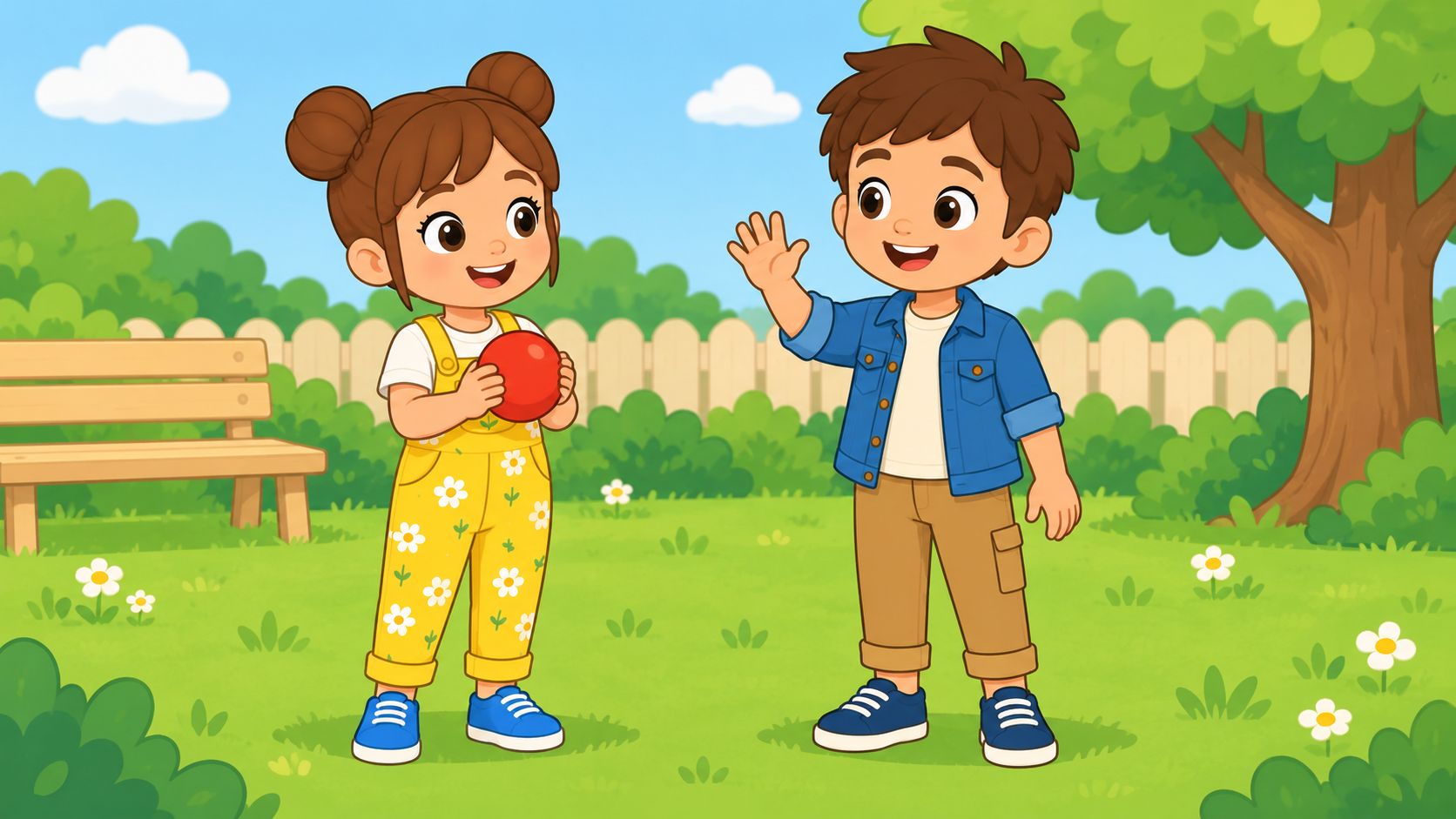 Mia et Léo se disent bonjour dans le parc.