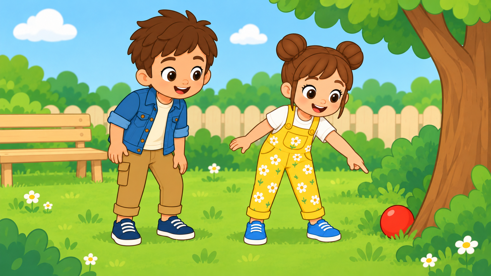 Mia et Léo trouvent un ballon rouge dans le parc.