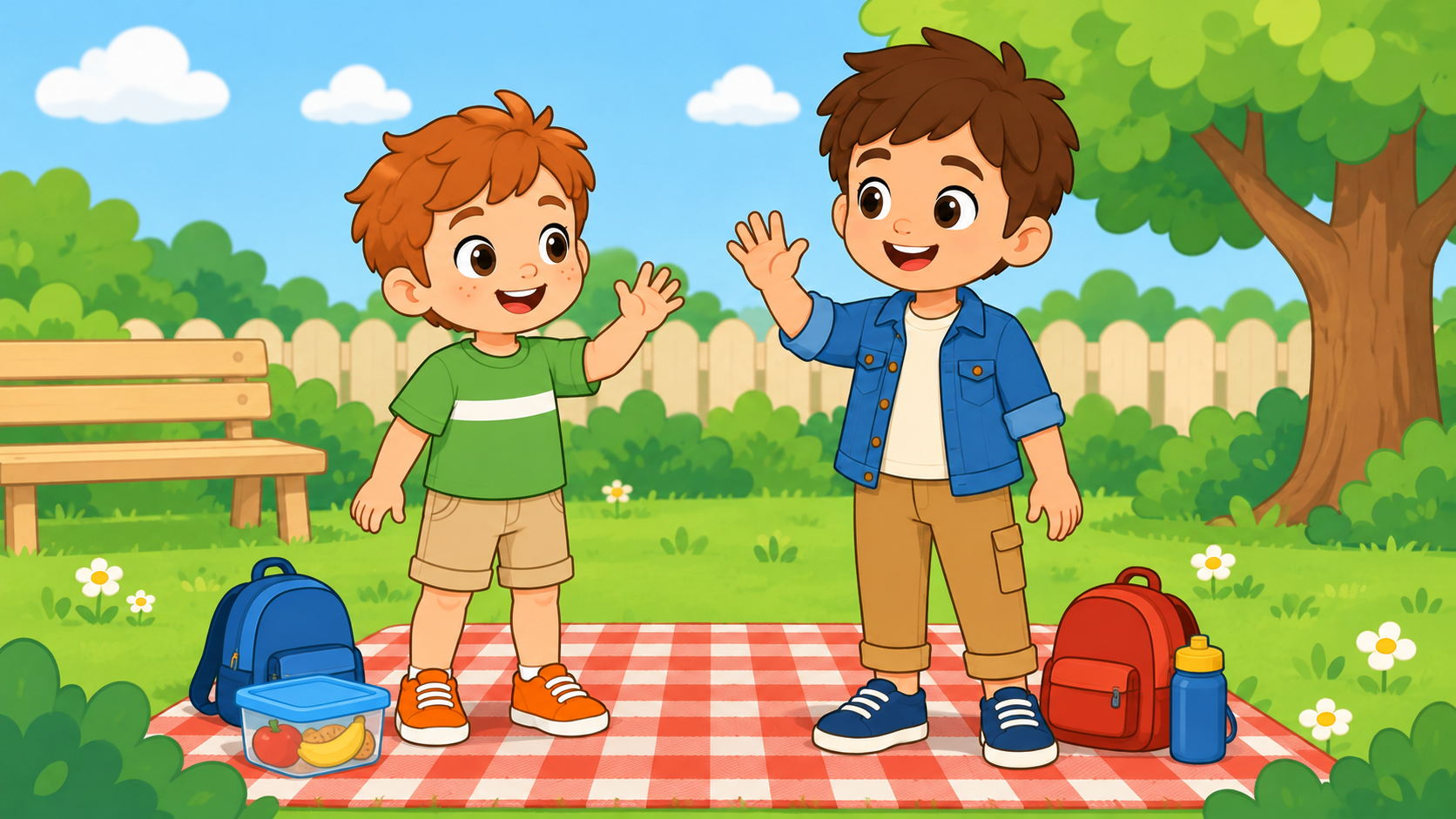 Léo et ses amis prennent le goûter dans le parc.