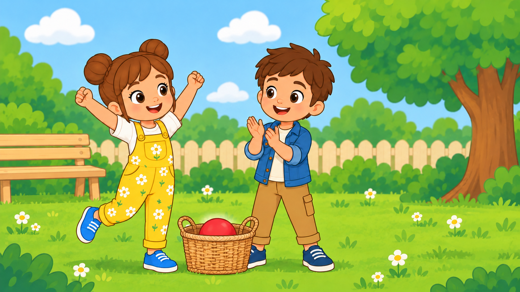 Mia et Léo jouent avec un ballon et un panier.