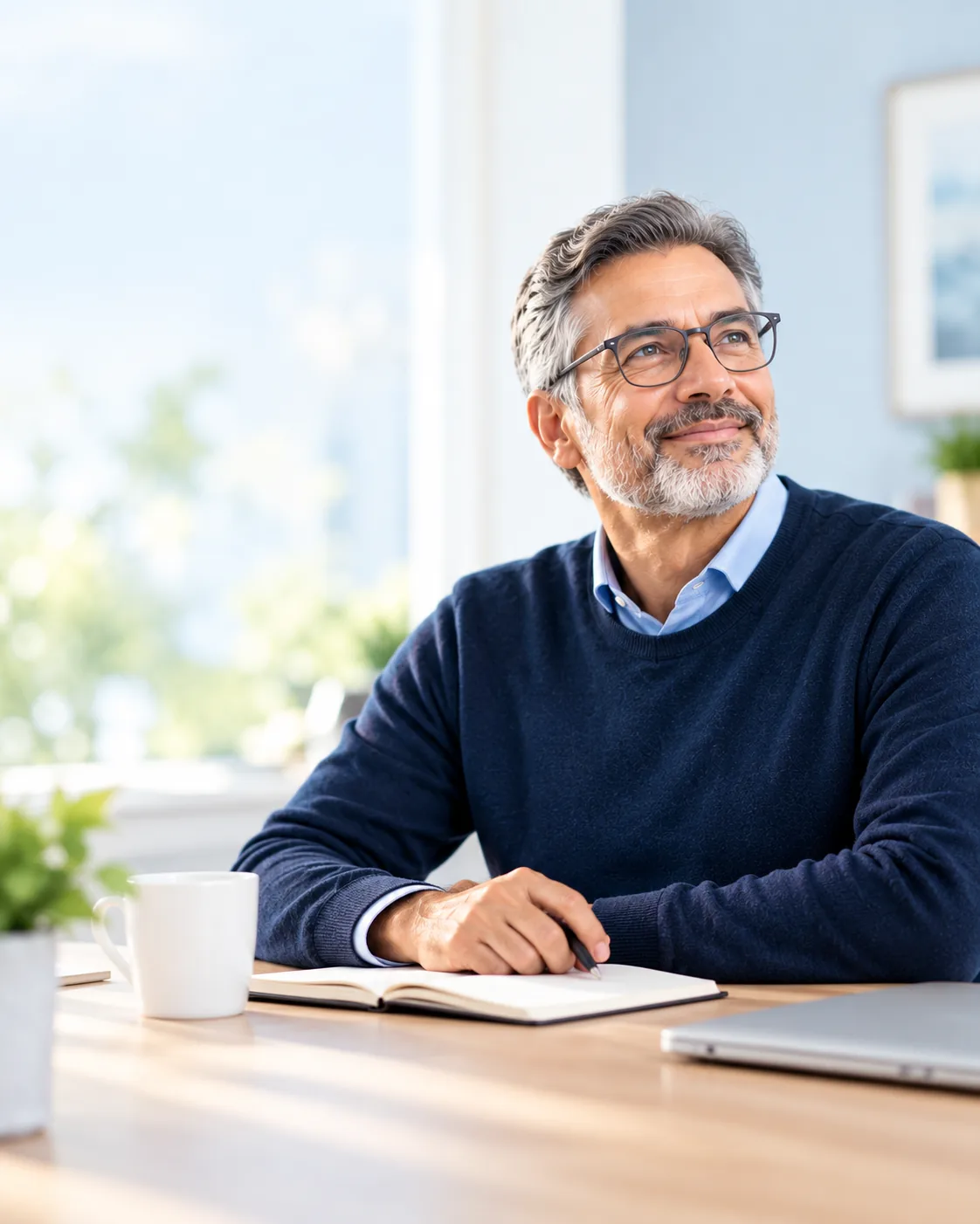 Federal employee smiling while planning his retirement at a desk