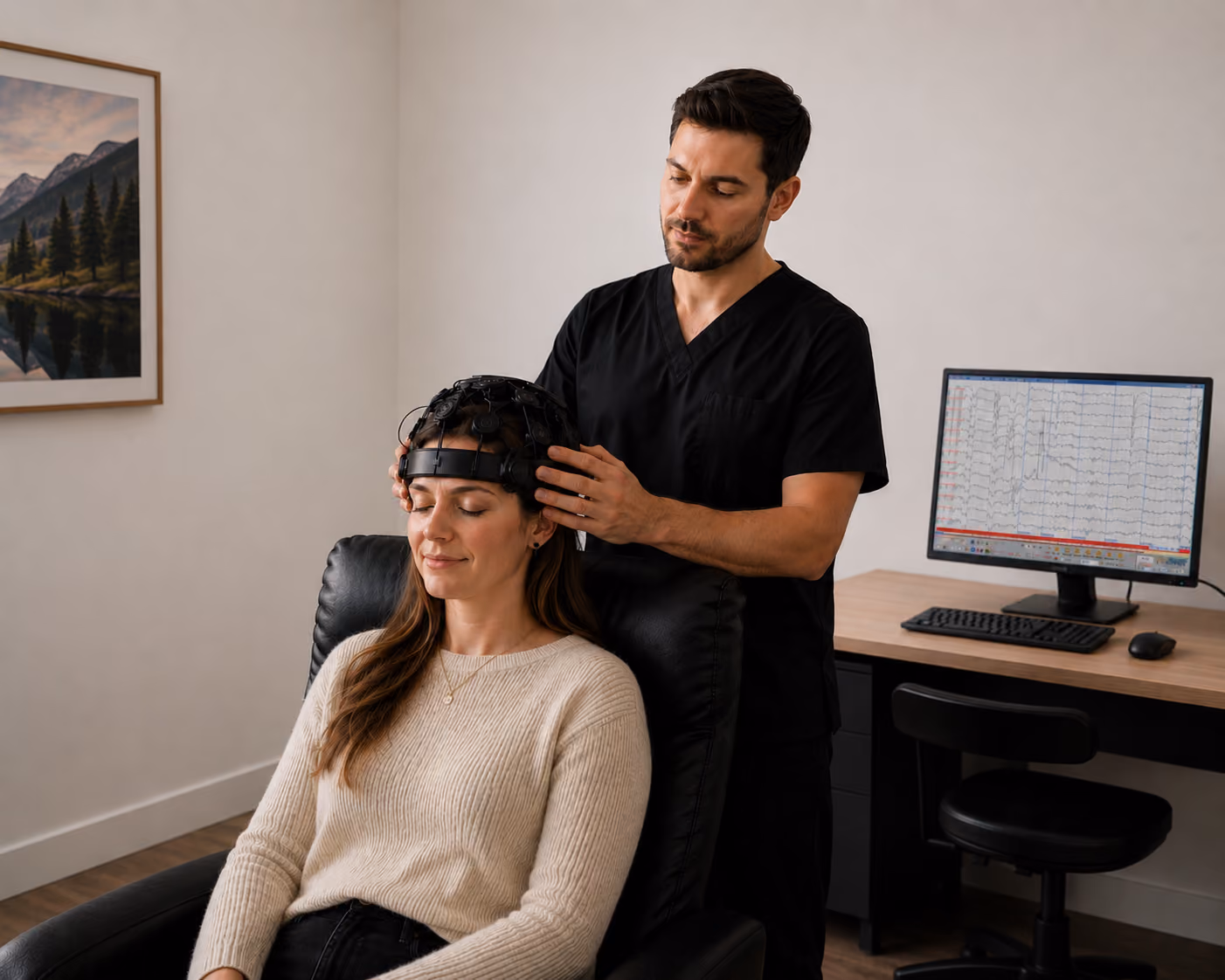 A medical professional in black scrubs adjusts a brainwave monitoring cap on a seated woman with closed eyes in a clinical room with EEG data displayed on a computer screen in the background.