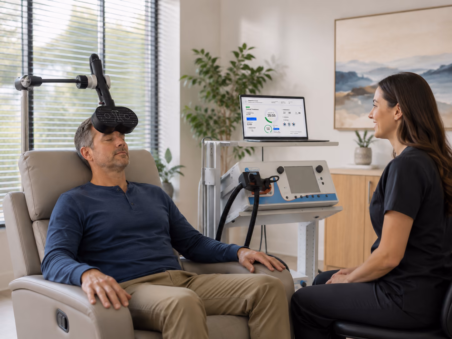 Man sitting in reclining chair with eyes closed undergoing a treatment session using a brain stimulation device, while a smiling woman in black scrubs monitors the session on a laptop.