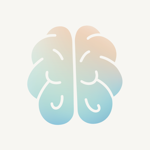 Minimalist icon of a human brain with gradient colors transitioning from light orange at the top to blue at the bottom on a light background.