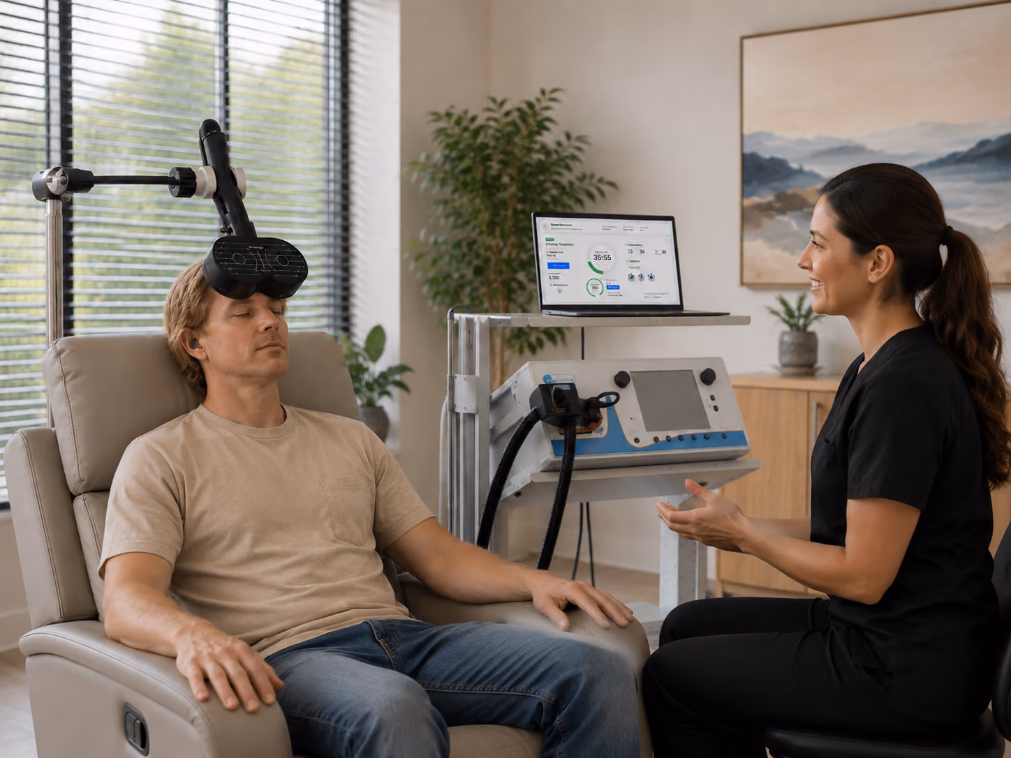 Man with eyes closed in a recliner receiving a brain stimulation session while a clinician in black scrubs sits beside him, with a treatment device and laptop in the background.