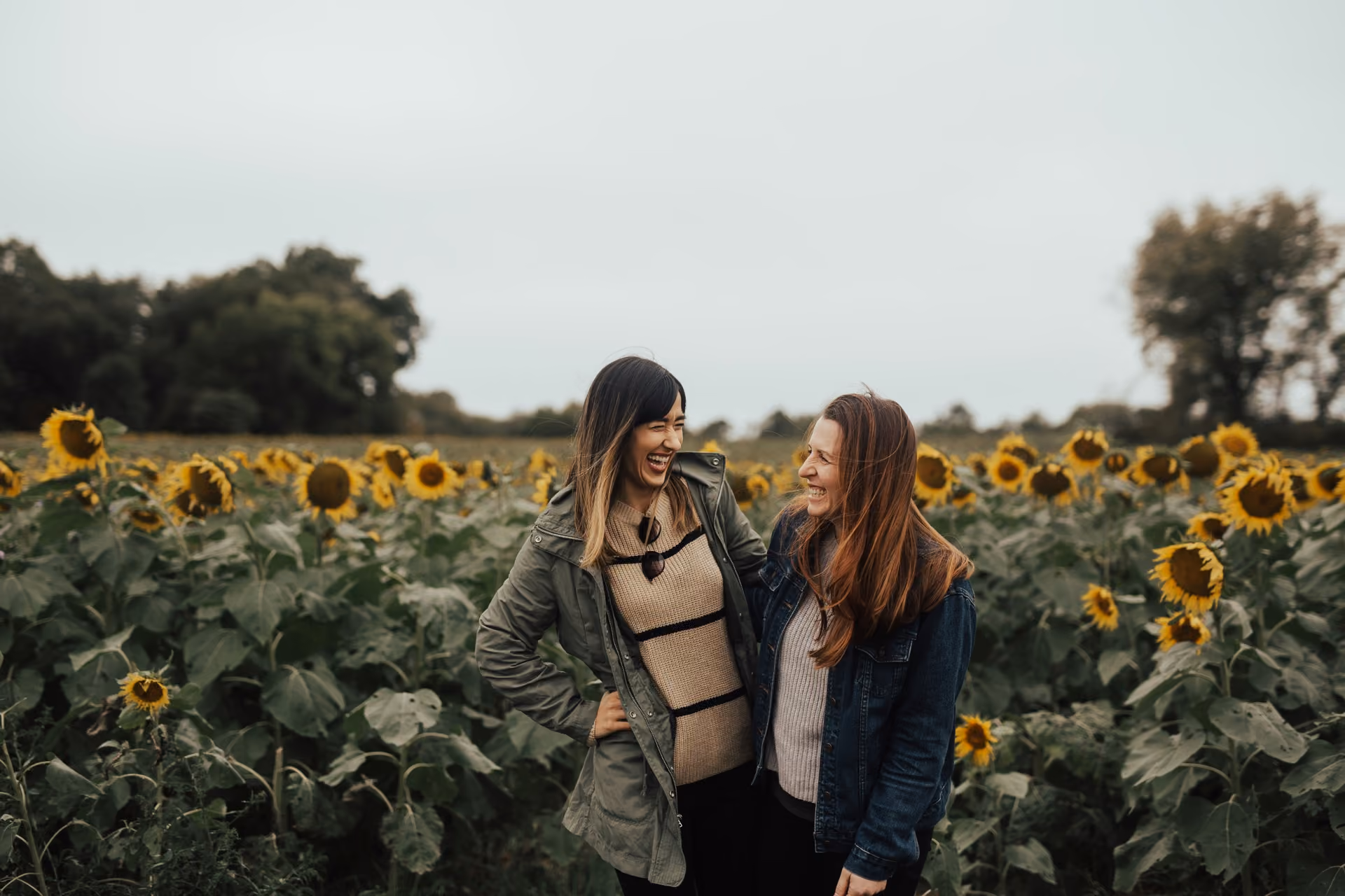 Two women standing in a sunflower field, smiling and looking at each other, one wearing a green jacket and the other a denim jacket.