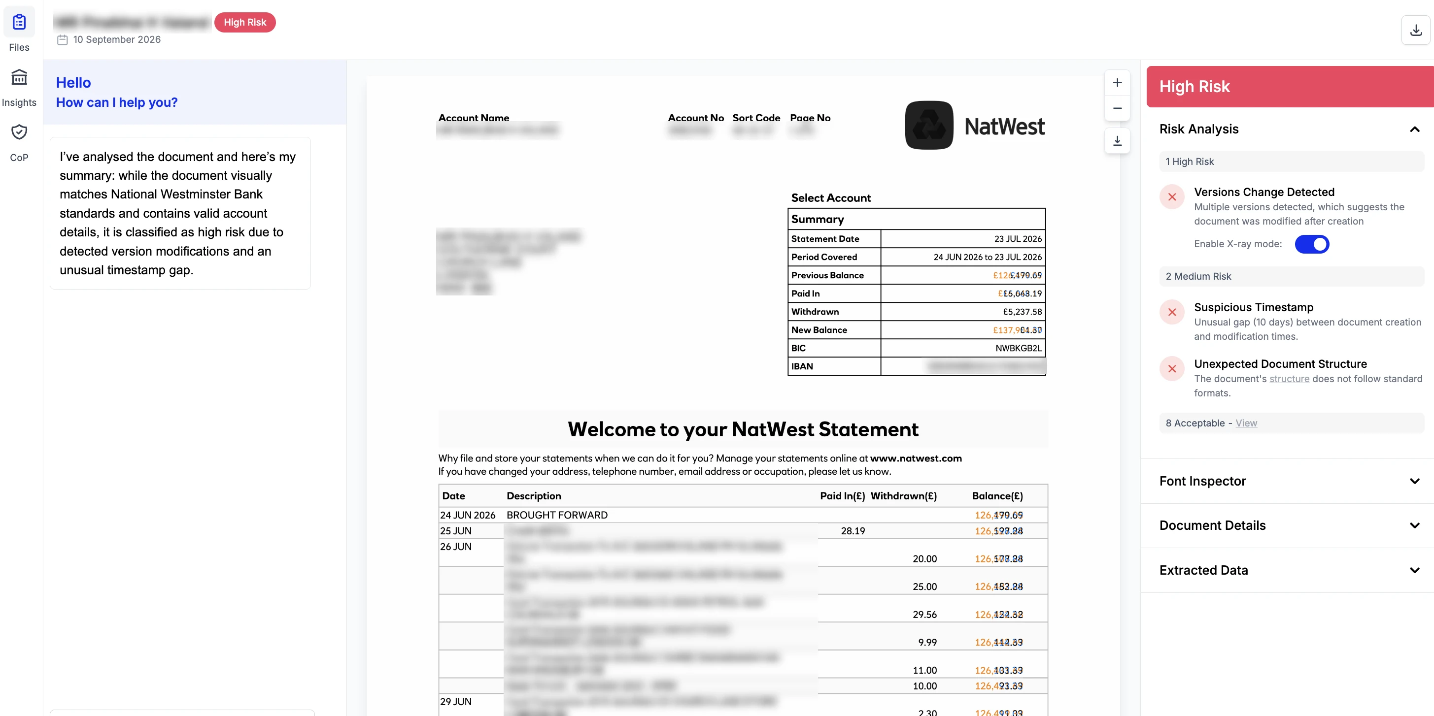 Fraudfinder portal showing a personal bank statement flagged high risk, with the edited opening balance highlighted and personal and transaction details blurred
