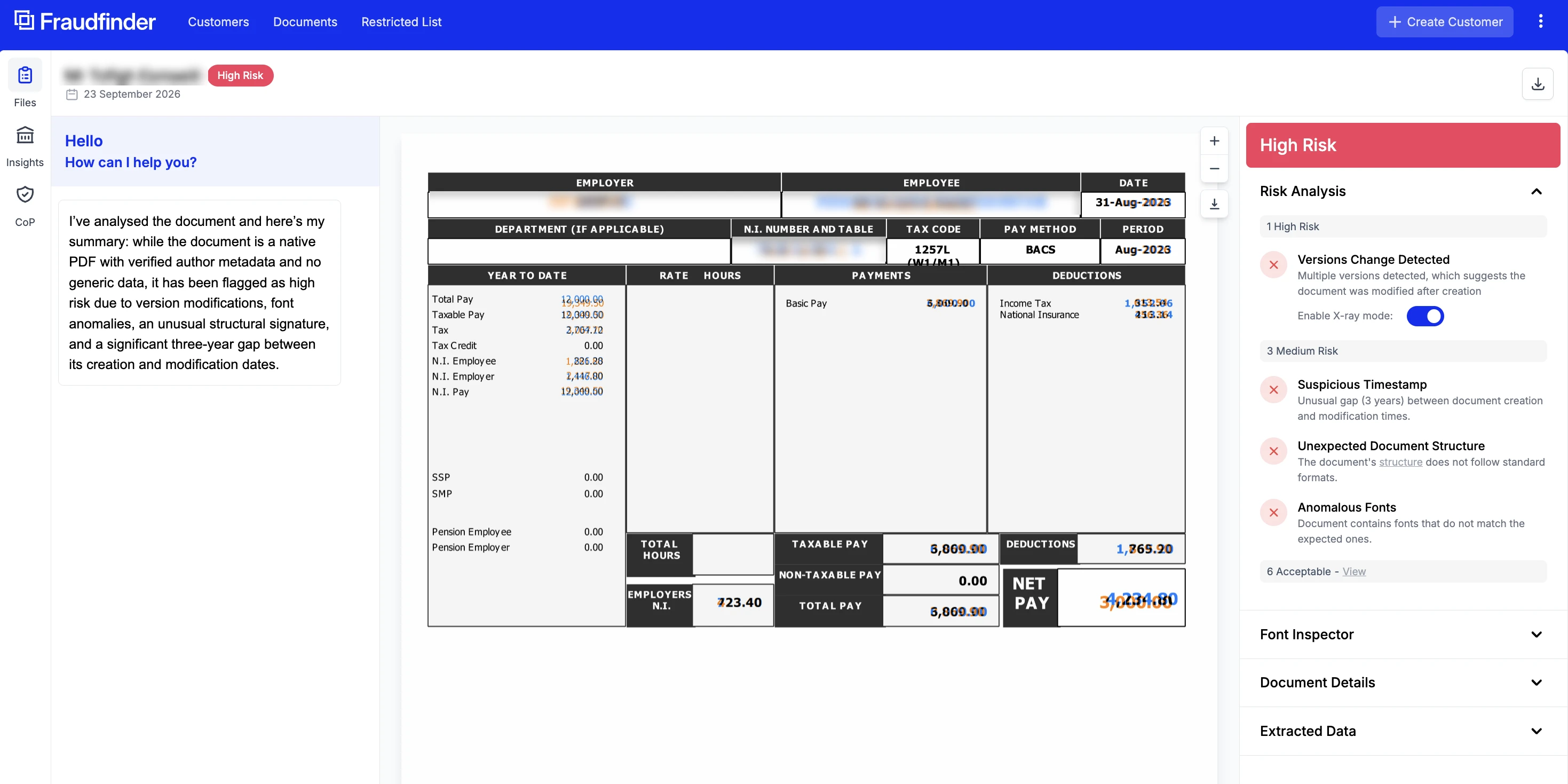 Fraudfinder portal showing a payslip flagged high risk, with edited dates and pay figures highlighted and personal details blurred