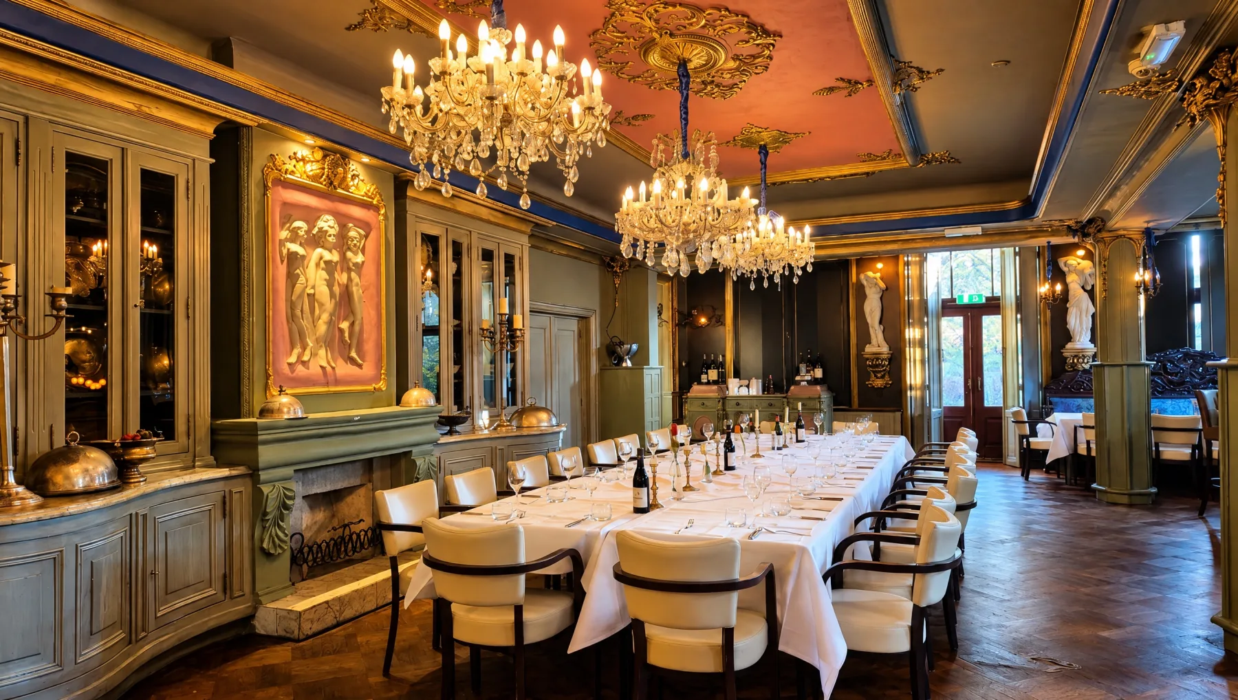 De Drie Gratiën zaal met kroonluchters en lange gedekte tafel