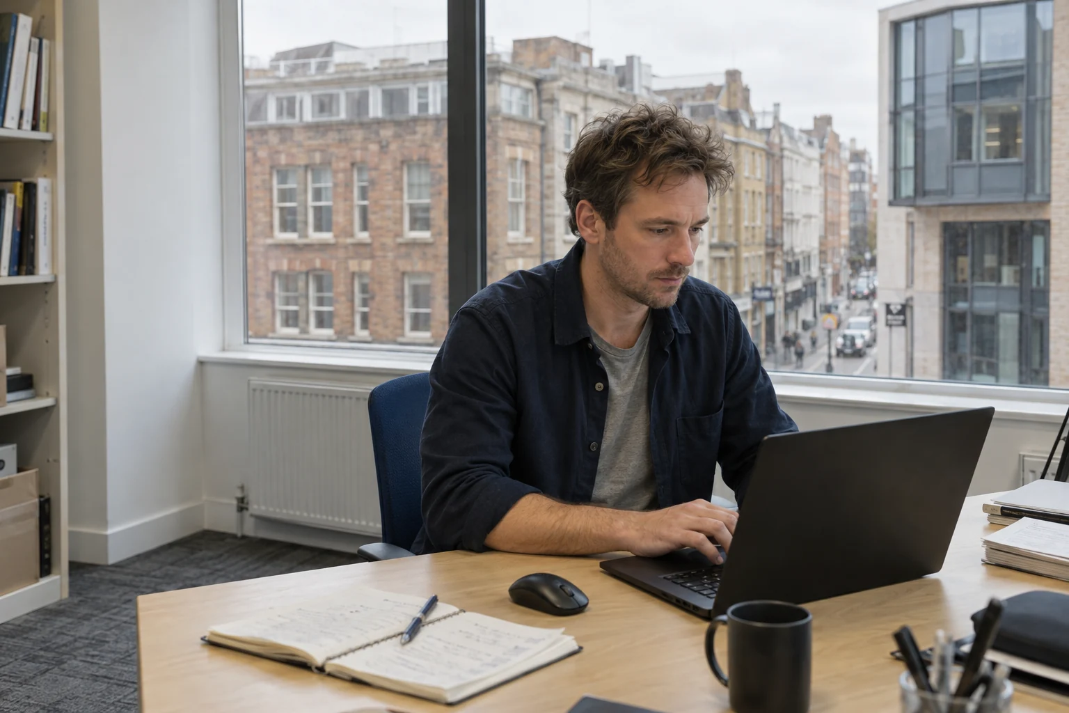 Illustrative scene of a specialist working in a city office
