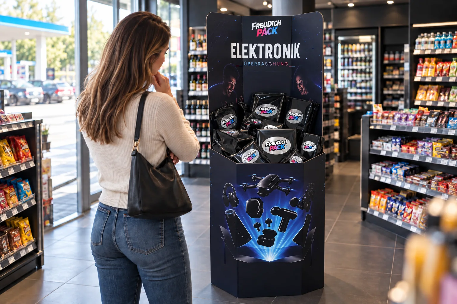 Eine Kundin steht vor dem FreuDichPack-Aufsteller in einem Shop