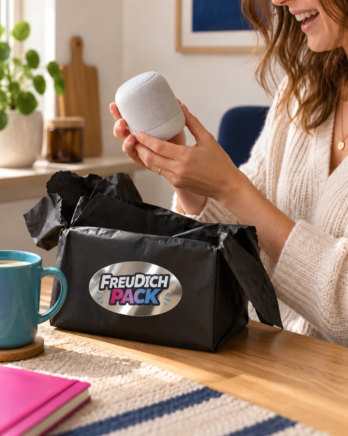 Eine Frau packt einen Lautsprecher aus einem FreuDichPack aus