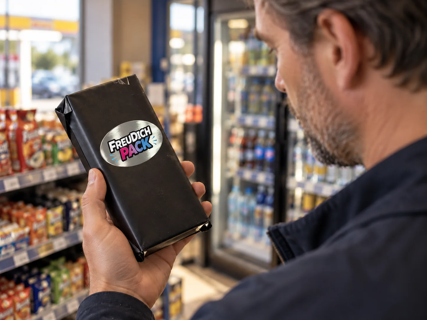 Mann hält ein FreuDichPack vor dem Kühlregal