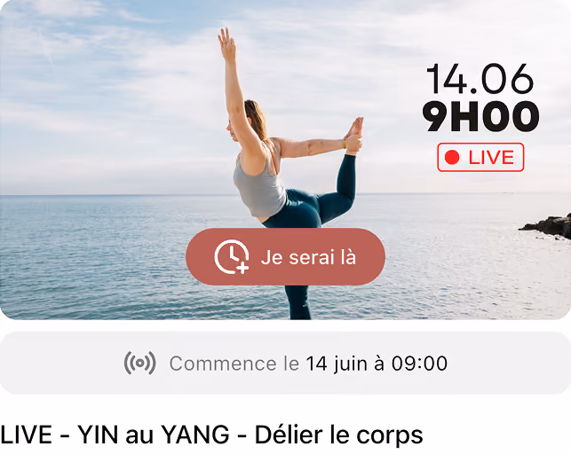 Femme en équilibre sur une jambe au bord de la mer, annonce d'un live le 14 juin à 9 h
