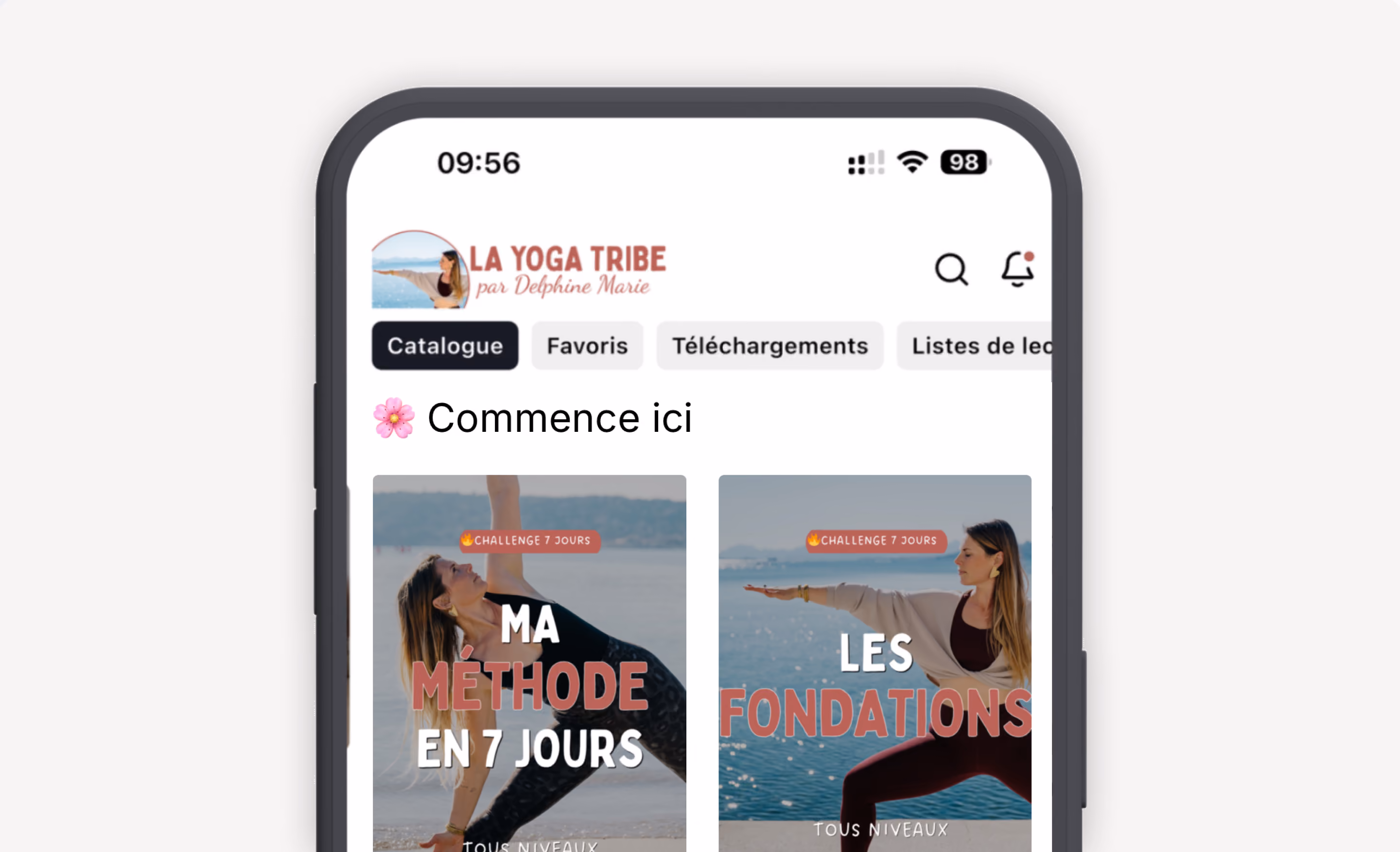 Écran de l'application La Yoga Tribe affichant les défis et les catégories de yoga