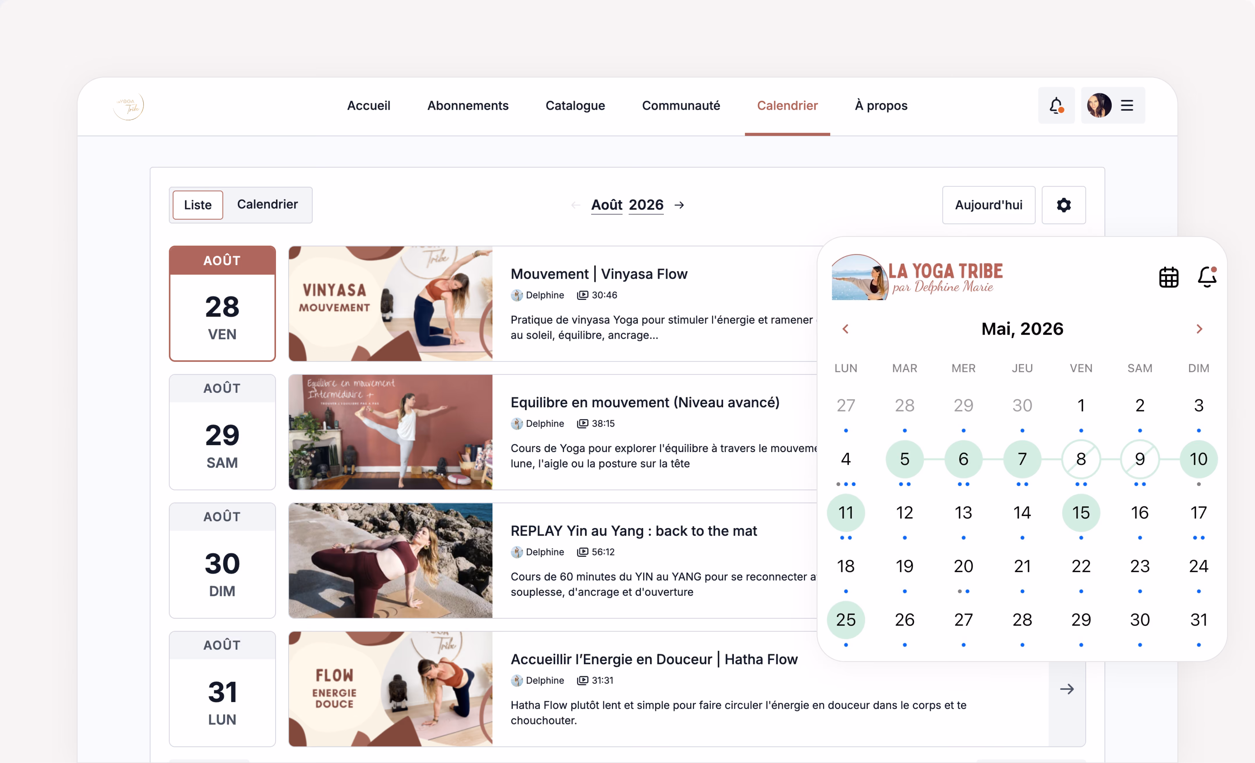 Planning des cours de La Yoga Tribe avec la liste des séances et le calendrier