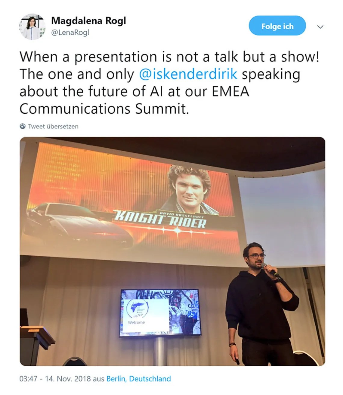 Tweet by Magdalena Rogl about Iskender Dirik's keynote at the Microsoft EMEA Communications Summit