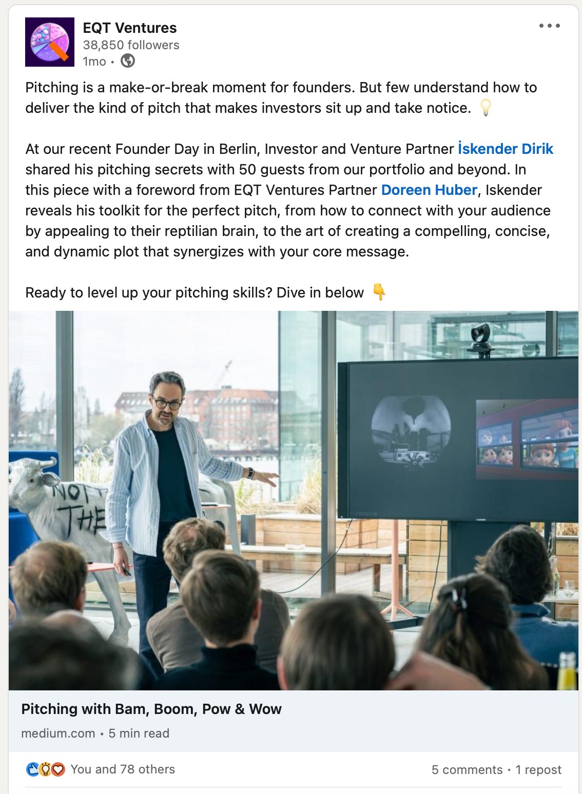 EQT Ventures LinkedIn post about Iskender Dirik's pitching workshop at the EQT Founder Day in Berlin
