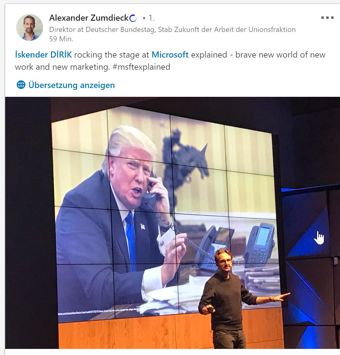 LinkedIn post by Alexander Zumdieck about Iskender Dirik's keynote at Microsoft Explained