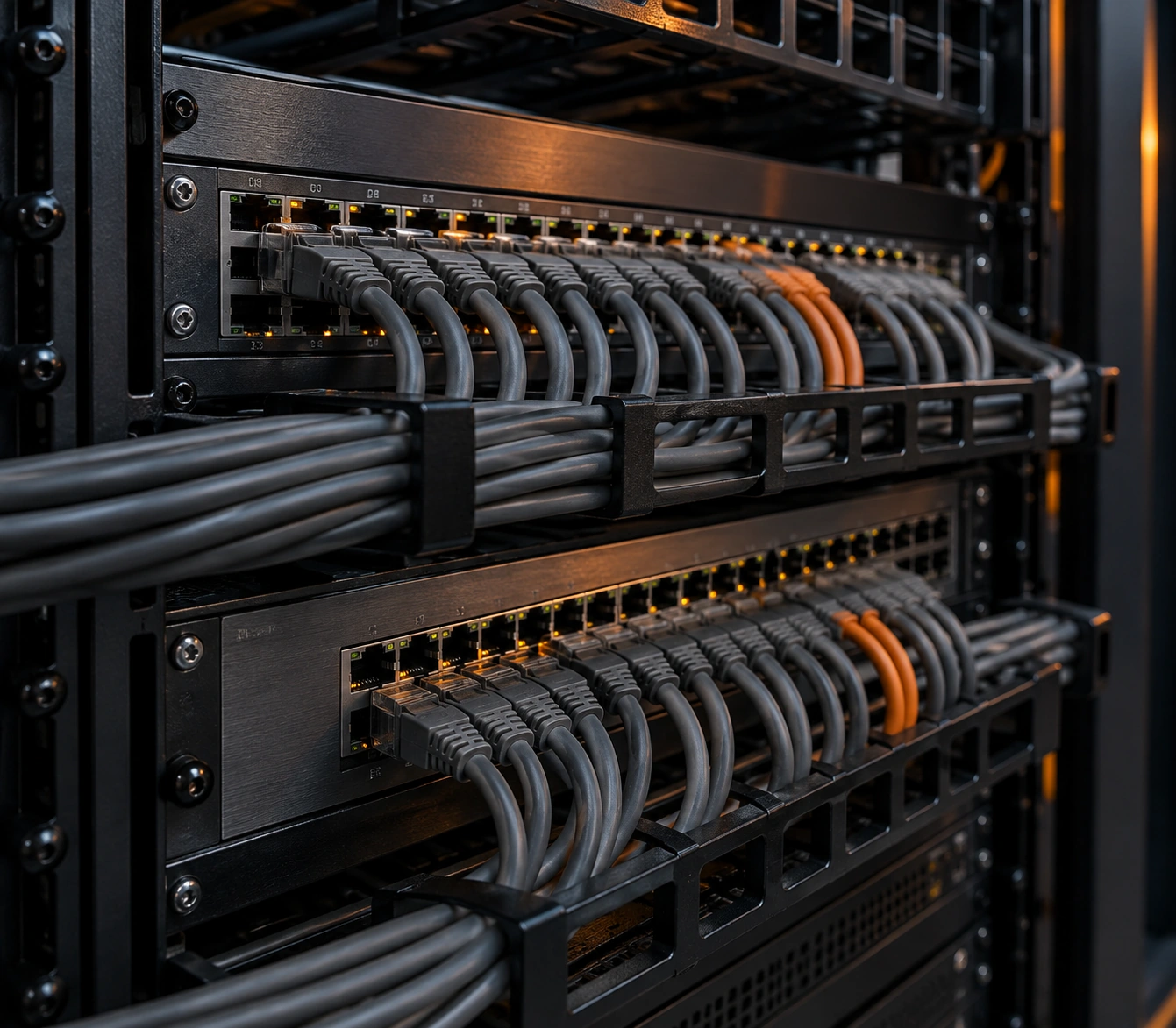 Network patch panels in a server rack with grey and orange cables