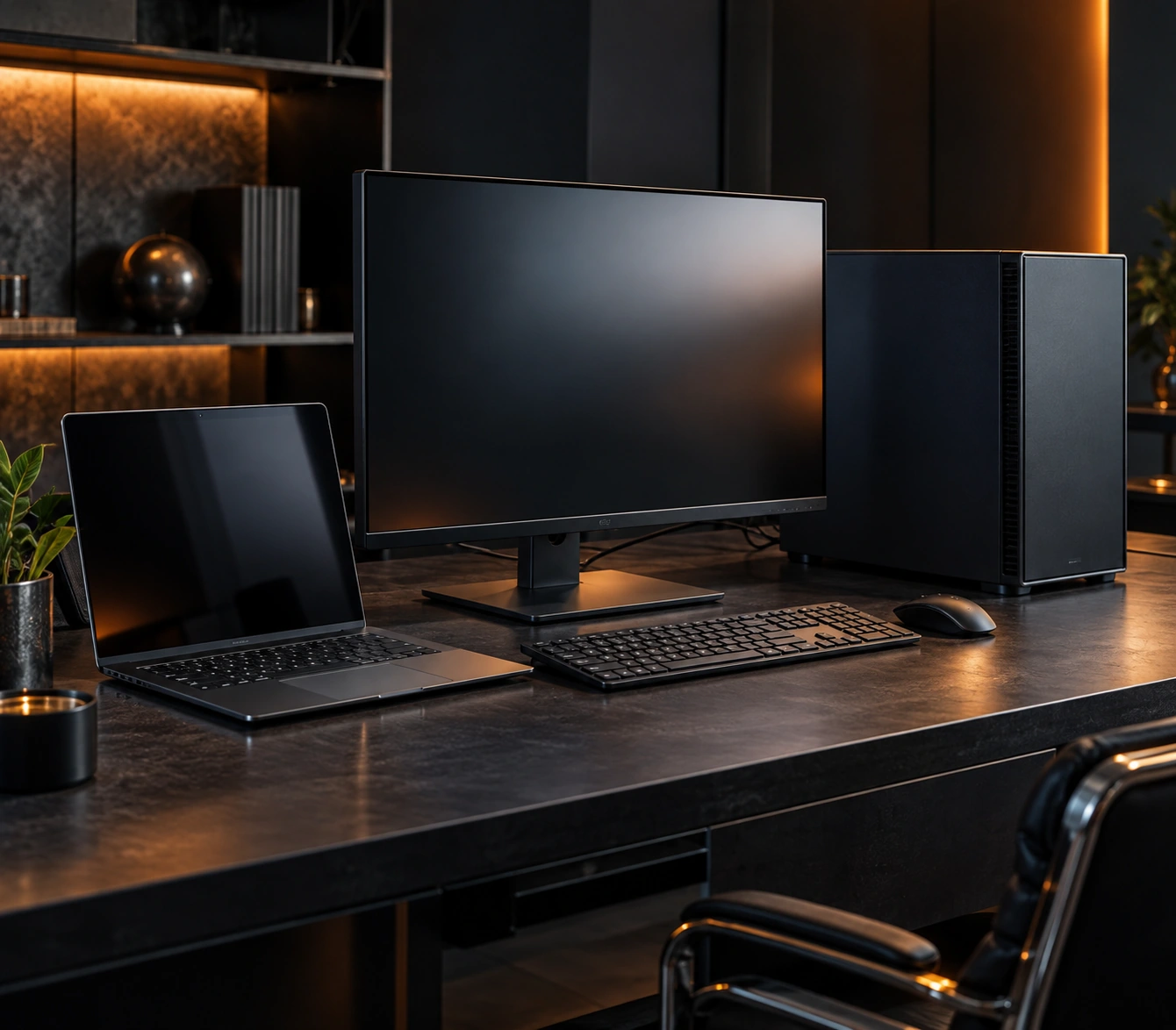 A desk with a laptop, monitor, keyboard and tower PC in a dark office