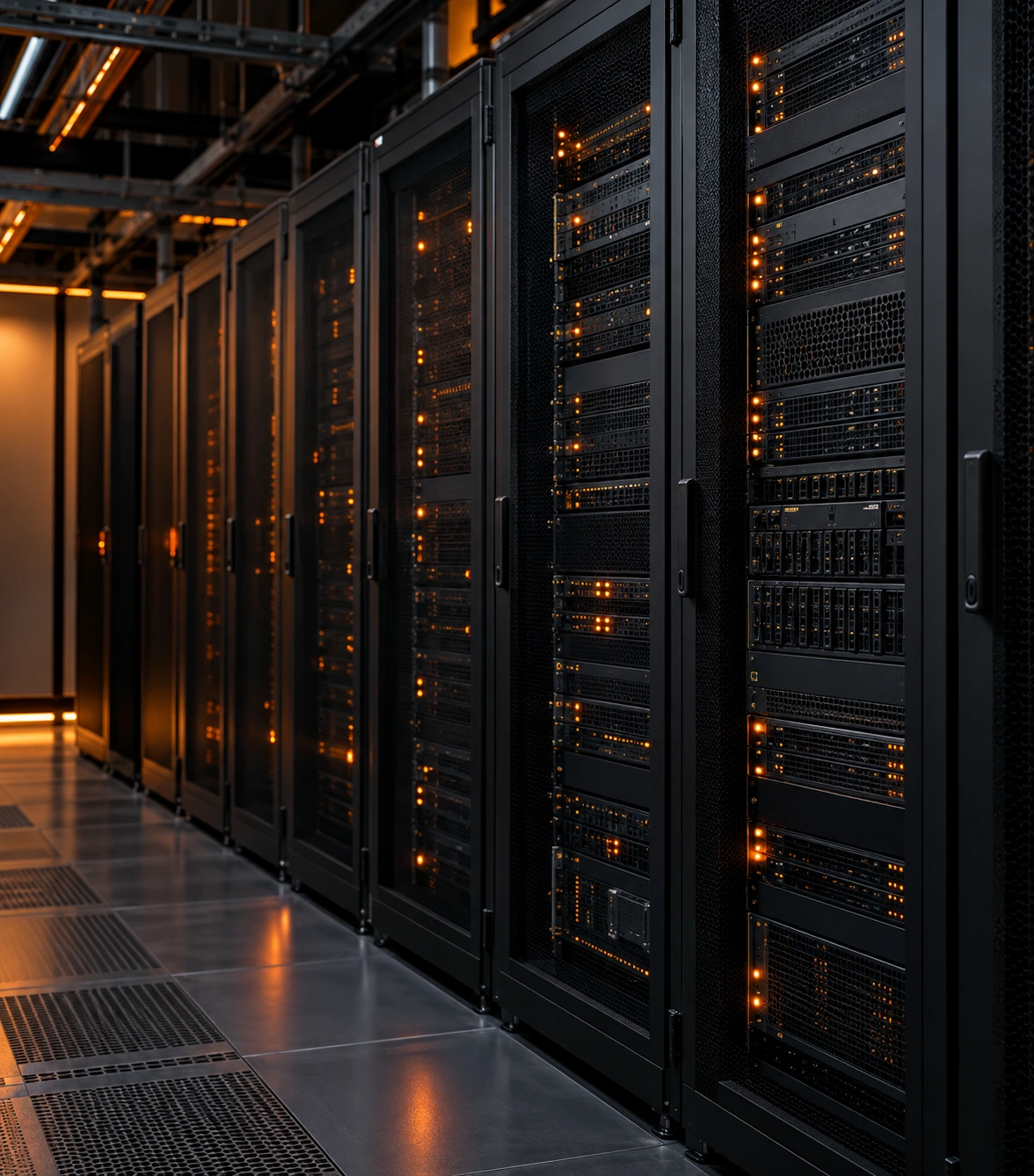Rows of black server racks with glowing orange lights in a data centre