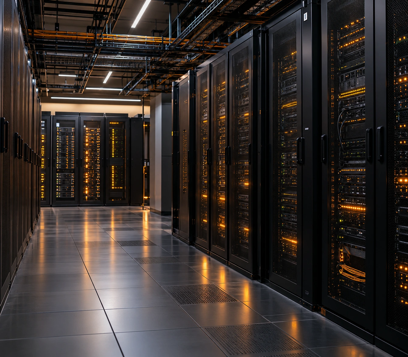 A data centre aisle lined with server cabinets and warm orange lights