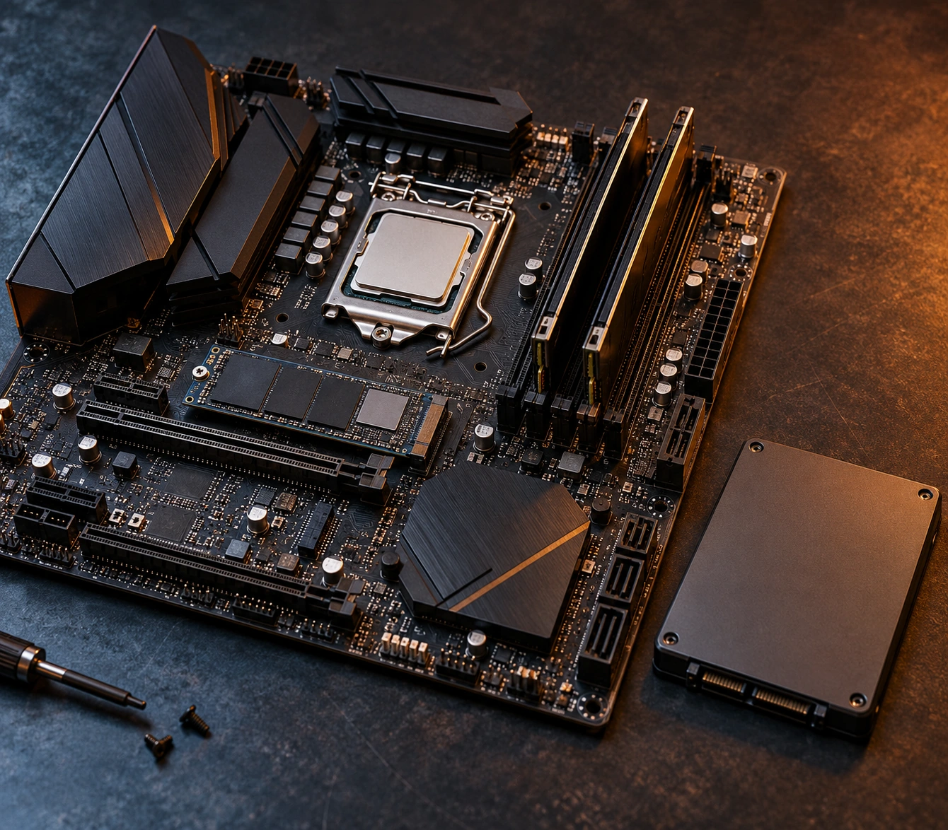 A computer motherboard with processor and memory, beside a solid-state drive