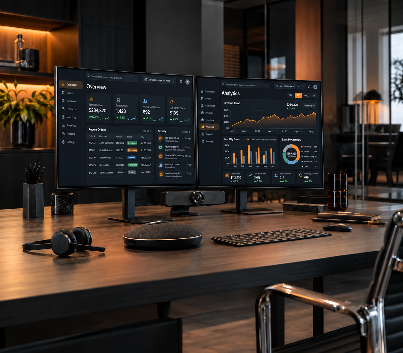 Two monitors showing business dashboards, with a conference speaker and headset on the desk