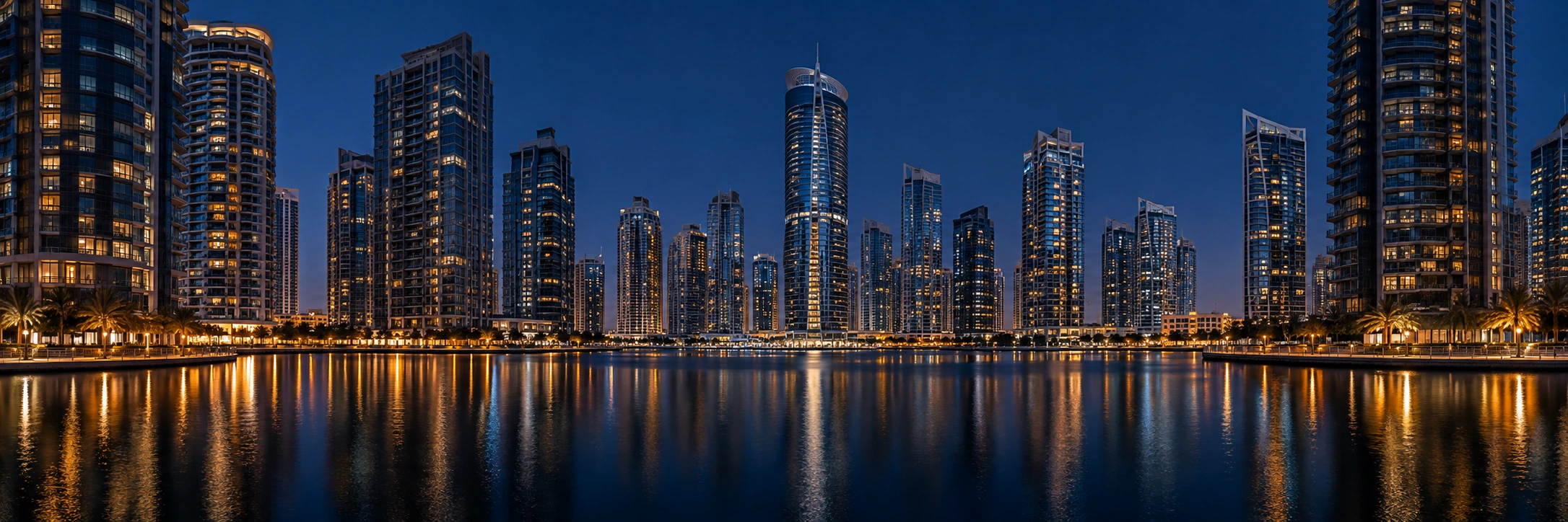Dubai skyline at dusk, with lit towers reflected in the water